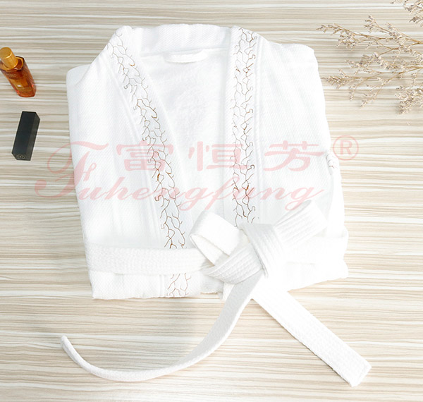 白色外华夫格内毛圈和服水草花有胸袋浴袍