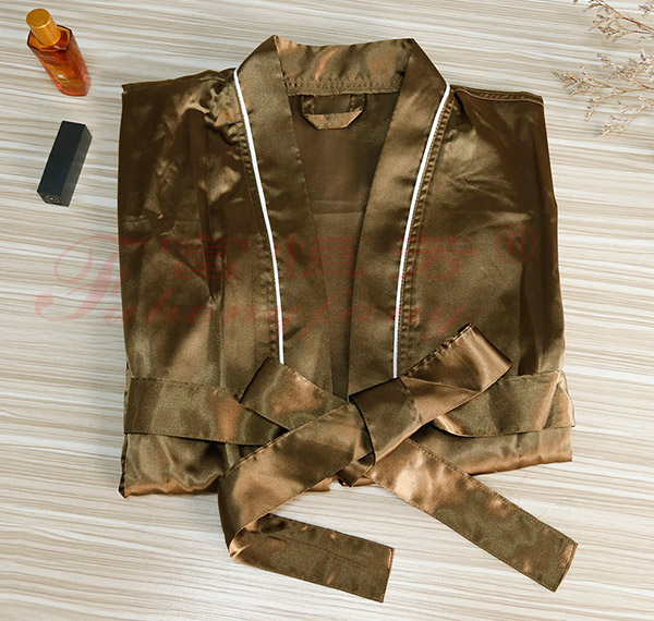 单层咖啡色仿真丝和服牙条浴袍