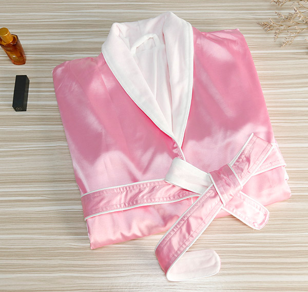 双层粉色仿真丝青果领牙条浴袍