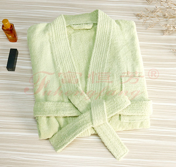 绿色和服领毛圈有胸袋浴袍